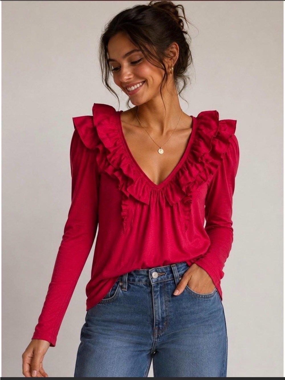 Anthropologie Women's Ruffled V-Neck Long Sleeve Top